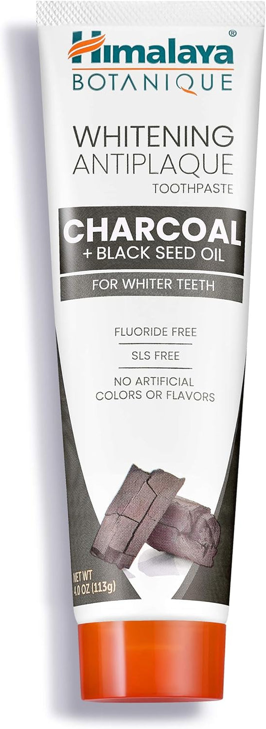 Himalaya Botanique Whitening Antiplaque Toothpaste with Charcoal + Black Seed Oil, uoride Free, for Whiter Teeth, 4 , 2 Pack