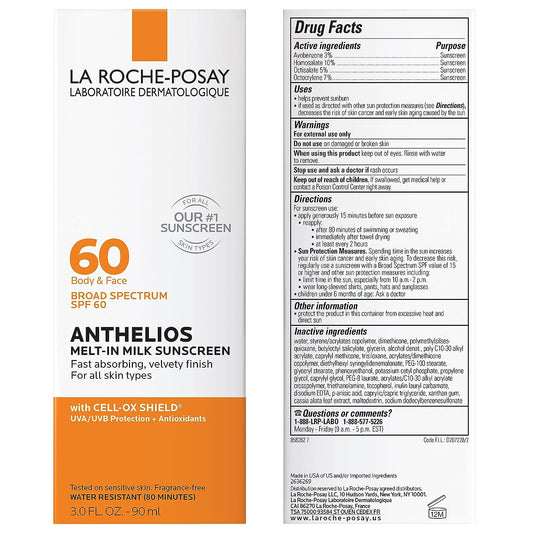 La Roche-Posay Anthelios Melt-In Milk Body & Face Sunscreen SPF 60, Oil Free Sunscreen for Sensitive Skin, Sport Sunscreen Lotion, Sun Protection and Sun Skin Care, Oxybenzone Free