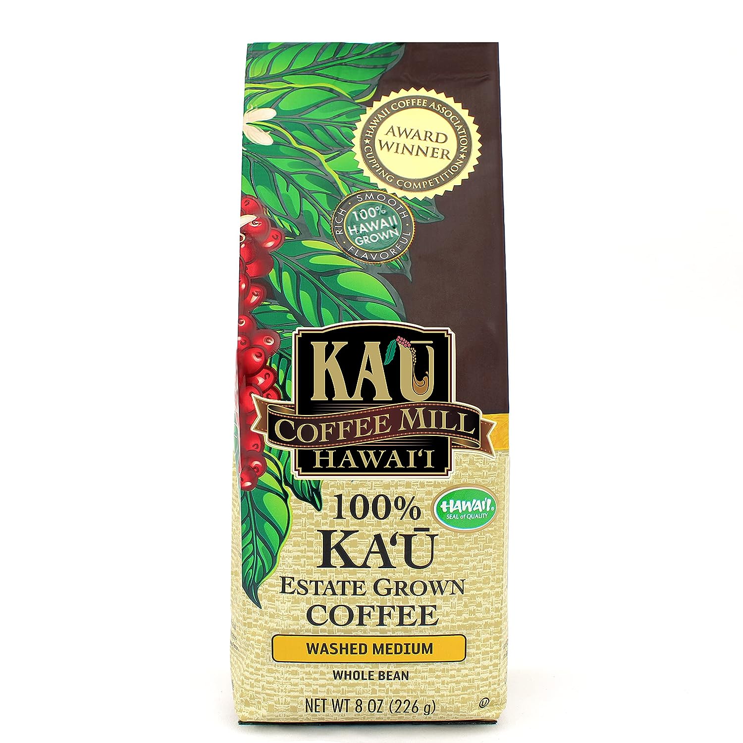 Washed Medium Whole Bean Ka'u Coffee, 100% Hawaiian Award Winning Coffee by Ka`u Coffee Mill