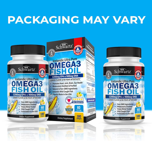 Omega 3 Fish Oil Supplement - 1200mg EPA and 900mg DHA Fatty Acid Per Serving from Wild Caught Fish - Supports Joint, Ey