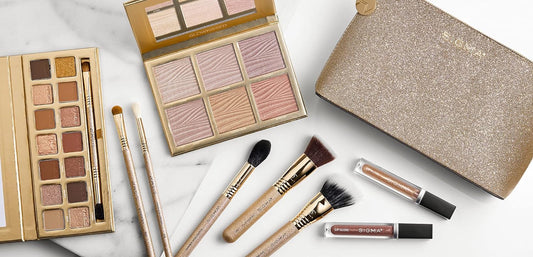 Sigma Beauty Ambiance Complete Collection - 14 Buttery Eyeshadow Powders, Highlighter Palette with 6 Metallic Highlighters, 2 Hydrating Lip Gloss, and 5 Makeup Brushes - Full Makeup Set with Beauty Bag Included