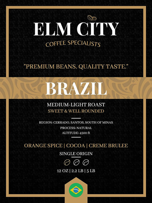 Elm City Coffee Specialists - Single Origin Ground Specialty Coffee | BRAZIL | Medium-Light Roast, Notes of Orange Spice, Rich Cocoa and Creme Brûlée, Low Acid, Round and Sweet