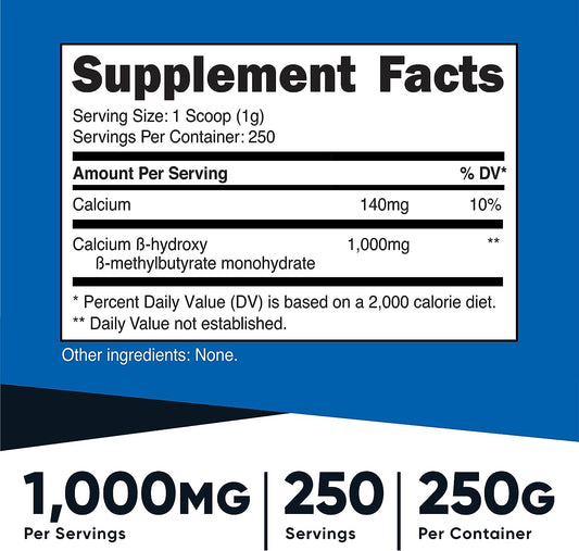 Nutricost HMB Powder (Beta-Hydroxy Beta-Methyutyrate) 250 Grams - Gluten Free & Non-GMO
