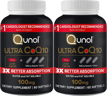 CoQ10 100mg Softgels - Qunol Ultra 3x Better Absorption Coenzyme Q10 Supplements - Antioxidant Supplement for Vascular and Heart Health & Energy Production - 4 Month Supply - 60 Count (Pack of 2)