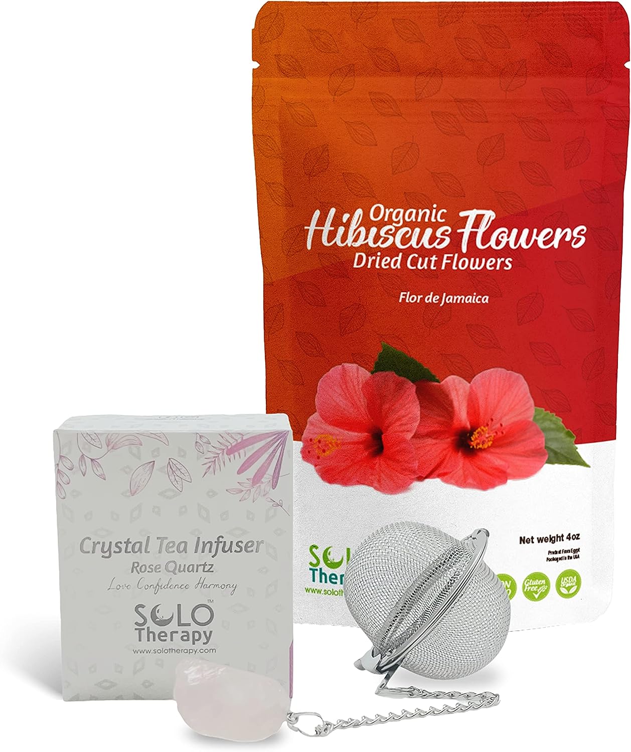 Hibiscus Dried Cut Flowers and Crystal Tea Infuser - Rose Quartz, Hibiscus Tea, Te De Jamaica Resealable Bag