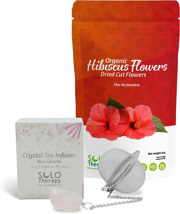 Hibiscus Dried Cut Flowers and Crystal Tea Infuser - Rose Quartz, Hibiscus Tea, Te De Jamaica Resealable Bag