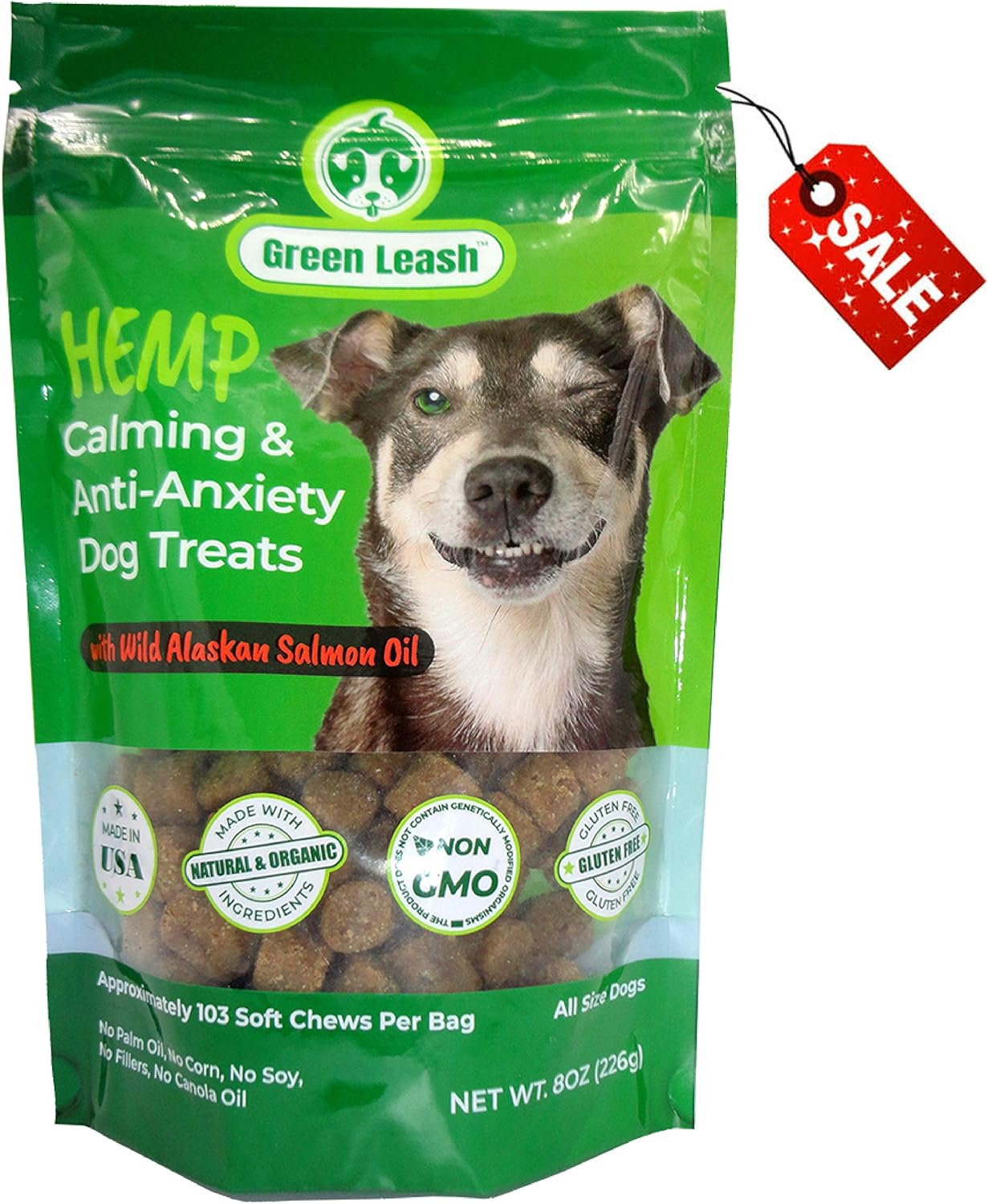 Green Leash~Hemp Oil and Seed Meal Calming Dog Treat, Anxiety Relief Aid with Wild Alaskan Salmon Oil