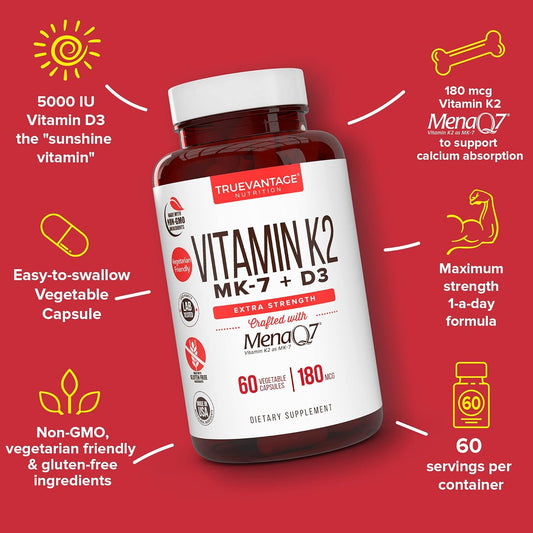 Vitamin K2 D3 Supplement 5000 IU D3 and 180 mcg Vitamin k2 MK7 Supplement for Healthy Bones, Healthy Heart & Cardiovascu