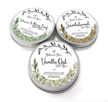 Men's Lotion Bar Set - 3 Lotion Bars 1 Each - Sandalwood Lotion, Vanilla Oak Lotion, and Tobacco and Bay Leaf Lotion