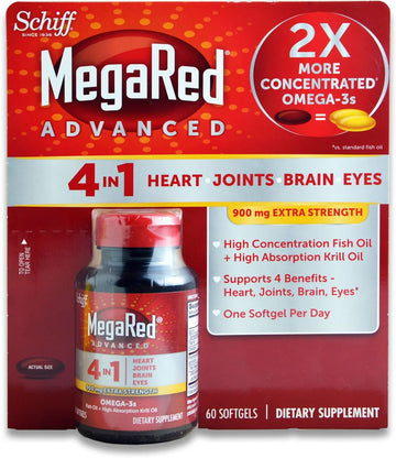 Schiff MegaRed Advanced 4 in 1 Heart Joints Brain Eye 60 Softgels 900mg Extra Strength