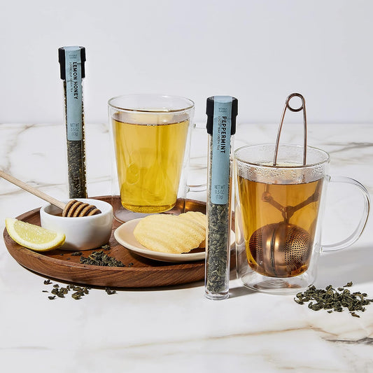 Thoughtfully Gourmet, Tea Therapy Infusion Gift Set, 7 Unique Flavors and Reusable Copper Ball Infuser, Loose Leaf Tea Set Flavors Include Peppermint, Jasmine, Vanilla Chai and More, Set of 7