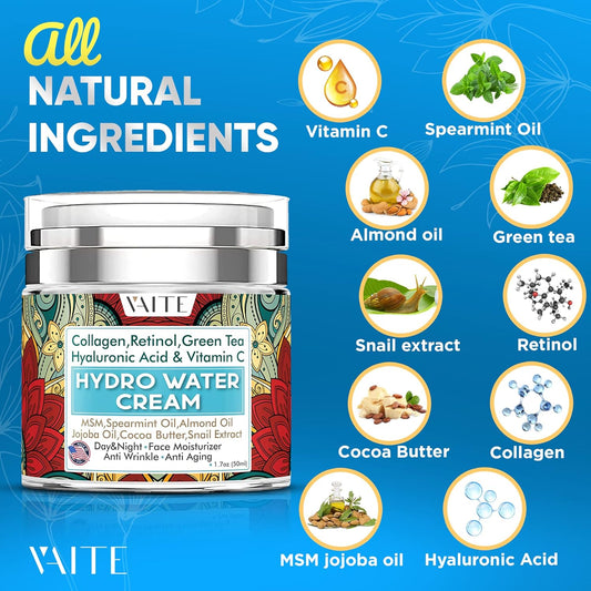 VAITE Water Based Moisturizer Face - Best Cream Facial Care With Hyaluronic Acid For Dry Skin Crema Women And Mens, Simple Skincare Hydrating Booster for Every Day with Collagen, Retinol, Green Tea Hyaluronic Acid & Vitamin C 1.7