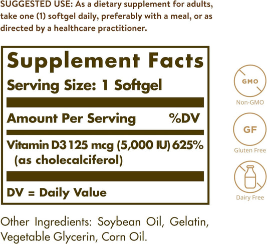 Solgar Vitamin D3 (Cholecalciferol) 125 Mcg (5000 Iu), 100 Softgels -