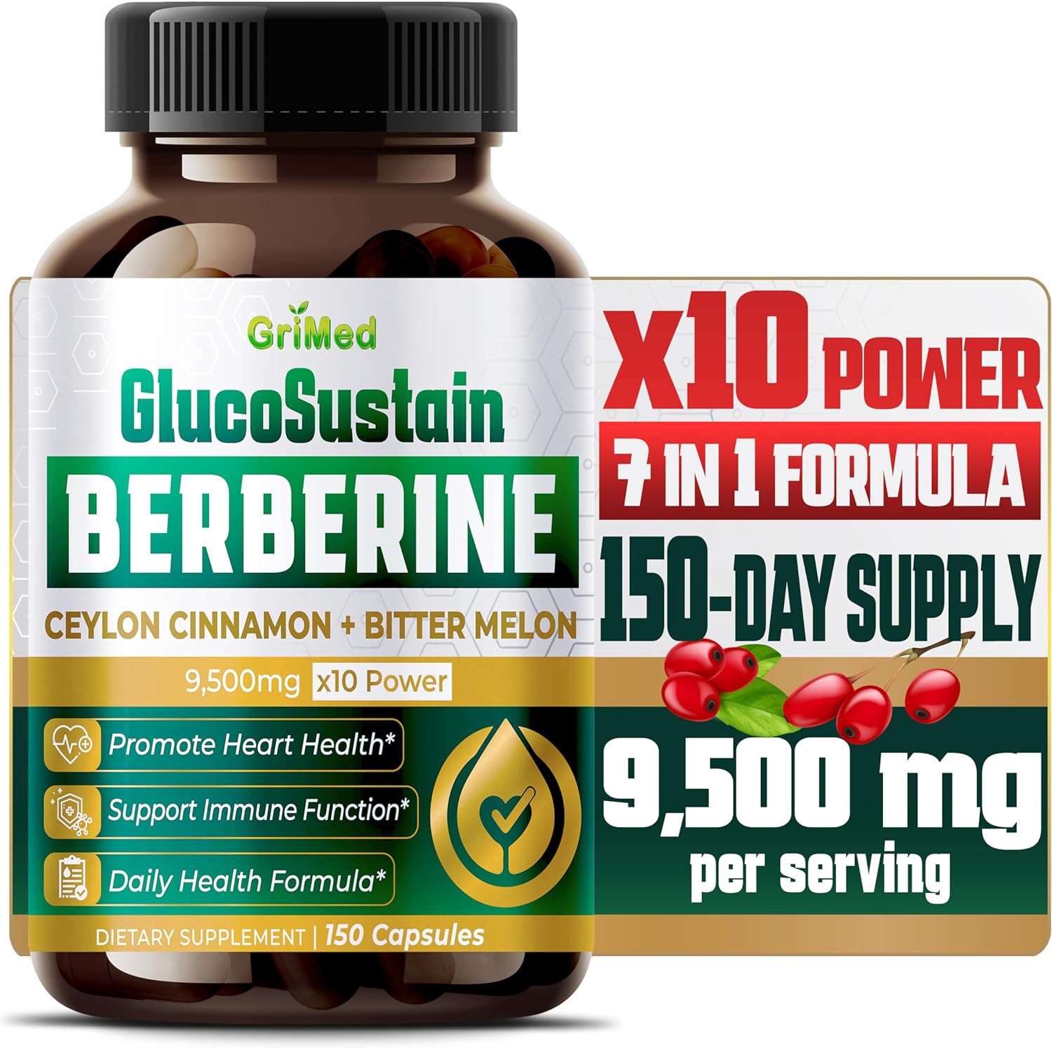 GlucoSustain BERBERINE 9,500mg Ceylon Cinnamon Bitter Melon Supports Healthy Immune System, Improves Heart Health & Gluc