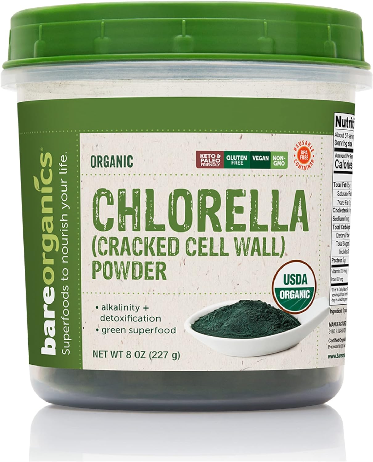 BareOrganics 12522 USDA Organic Chlorella Powder, Superfood Powder, Di