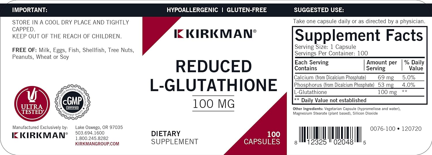 Kirkman Reduced L-Glutathione 100 mg - Hypoallergenic | 100 Vegetarian