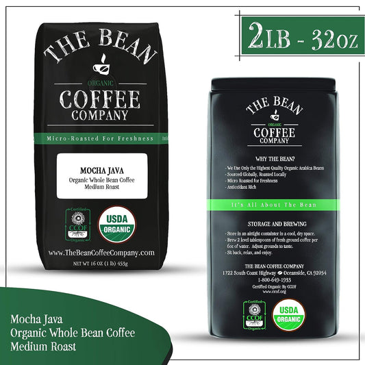 The Bean Coffee Company Organic Mocha Java, Medium Roast, Whole Bean, Bags (Pack of 2)