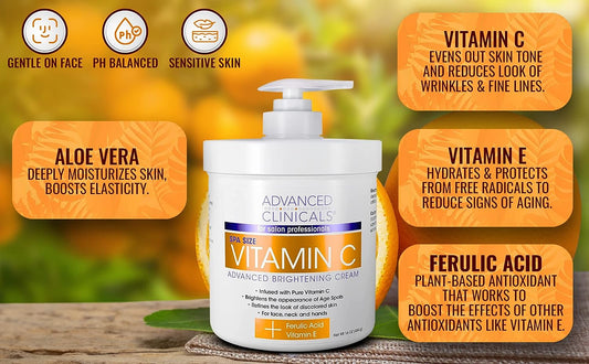 Advanced Clinicals Vitamin C Cream Face Lotion & Body Lotion Moisturizer | Anti Aging Skin Care Firming & Brightening Cream For Body, Face, Uneven Skin Tone, Wrinkles, & Sun Damaged Dry Skin, 16