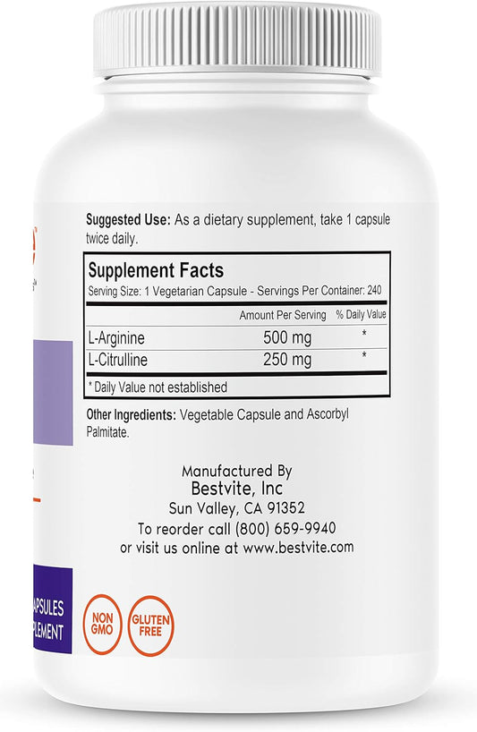 BESTVITE L-Arginine L-Citrulline 500mg / 250mg Vegan (240 Vegetarian C