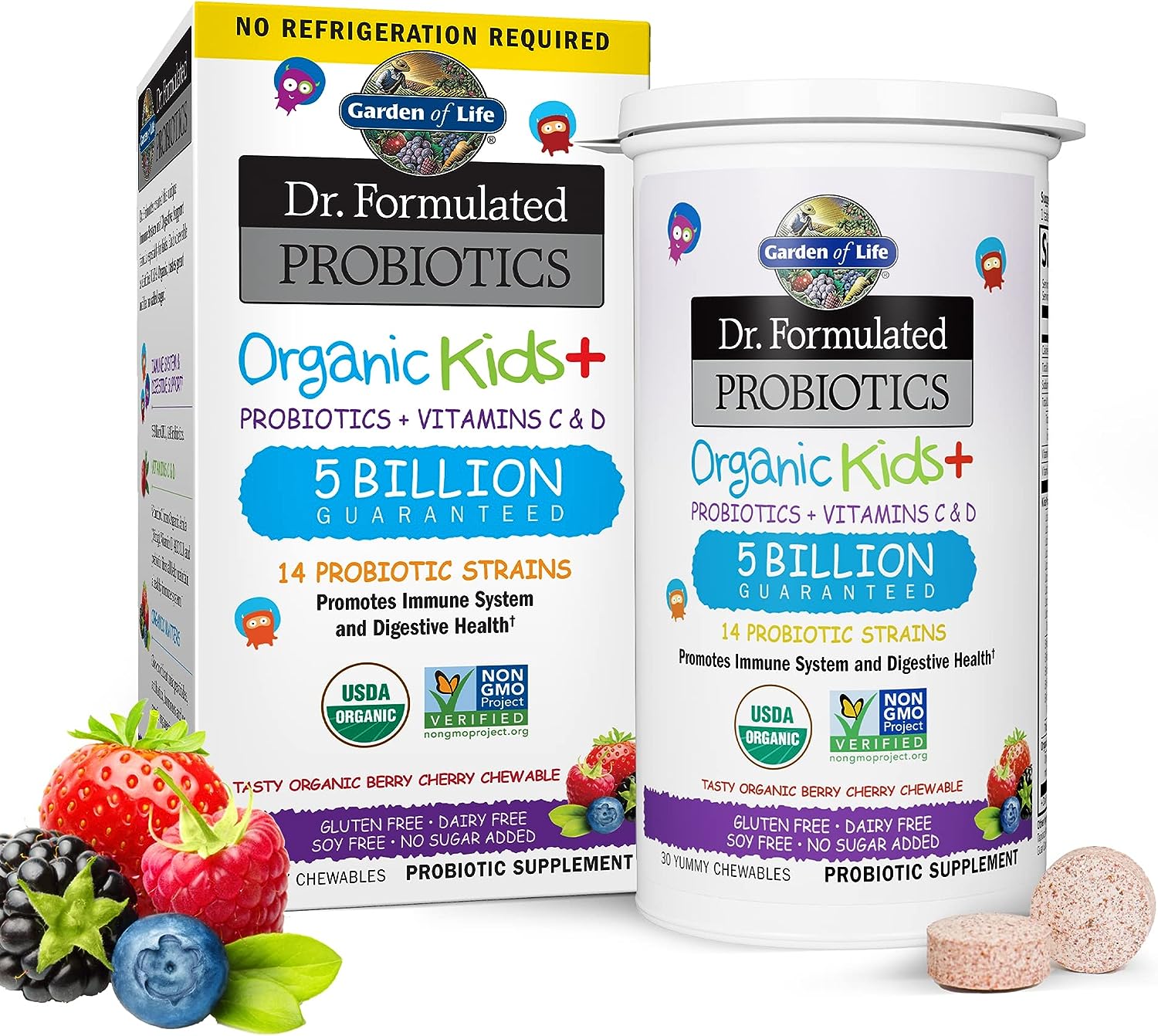 Garden Of Life Dr. Formulated Probiotics Organic Kids+ Plus Vitamin C & D - Berry Cherry - Gluten, Dairy & Soy Free Immune & Digestive Health Supplement, No Added Sugar, 30 Chewables (Shelf Stable)