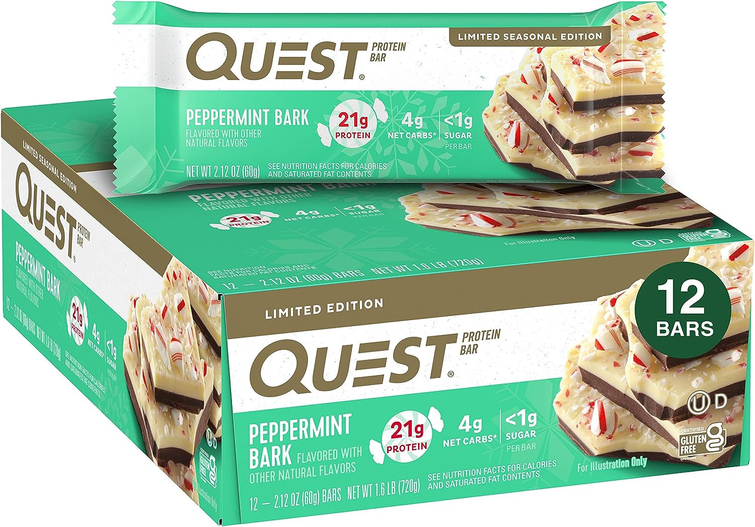 Quest Nutrition Peppermint Bark Protein Bar, 21G Protein, 4G Net Carb,1.59 Pounds