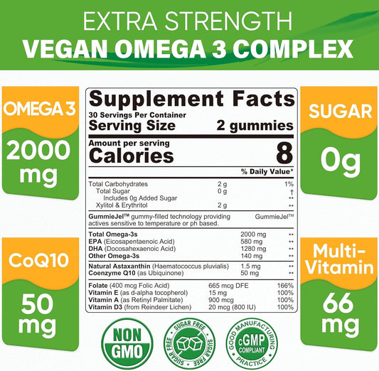 Sugar Free Algae 2000mg Omega 3 Gummies, Omega 3 Fish Oil Supplements Alternative with 1280mg DHA & 580mg EPA, Multivita