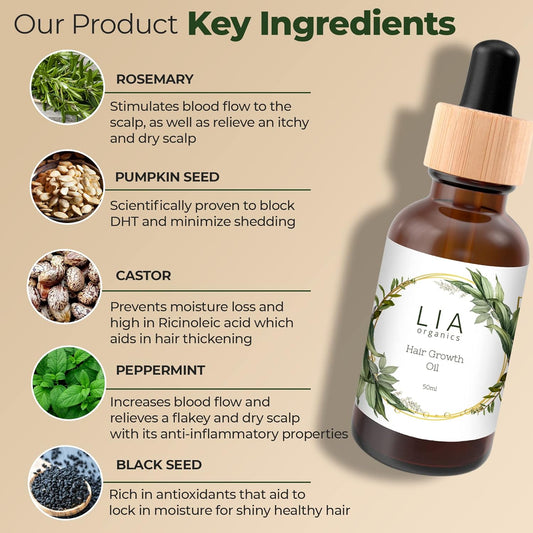 Lia Organics Hair Growth Oil - Organic, Vegan, cruelty free - Rosemary oil, castor oil, pumpkin seed oil, amla oil etc.