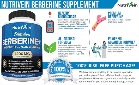 Nutrivein Premium Berberine HCL 1200mg Plus Organic Ceylon Cinnamon - 120 Capsules - Supports Glucose Metabolism, Immune