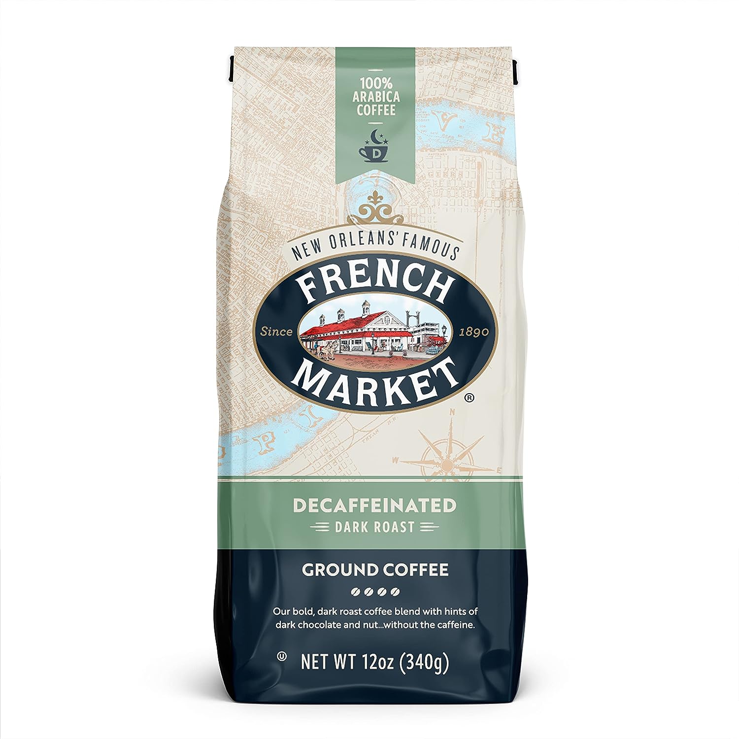 French Market Coffee, Decaffeinated Dark Roast Ground Coffee Bag