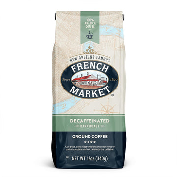 French Market Coffee, Decaffeinated Dark Roast Ground Coffee Bag