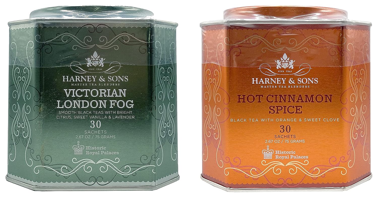 Harney & Sons Victorian London Fog and Hot Cinnamon Spice – Black Tea Pack of 2 – Each Tin Contains 30 Sachets