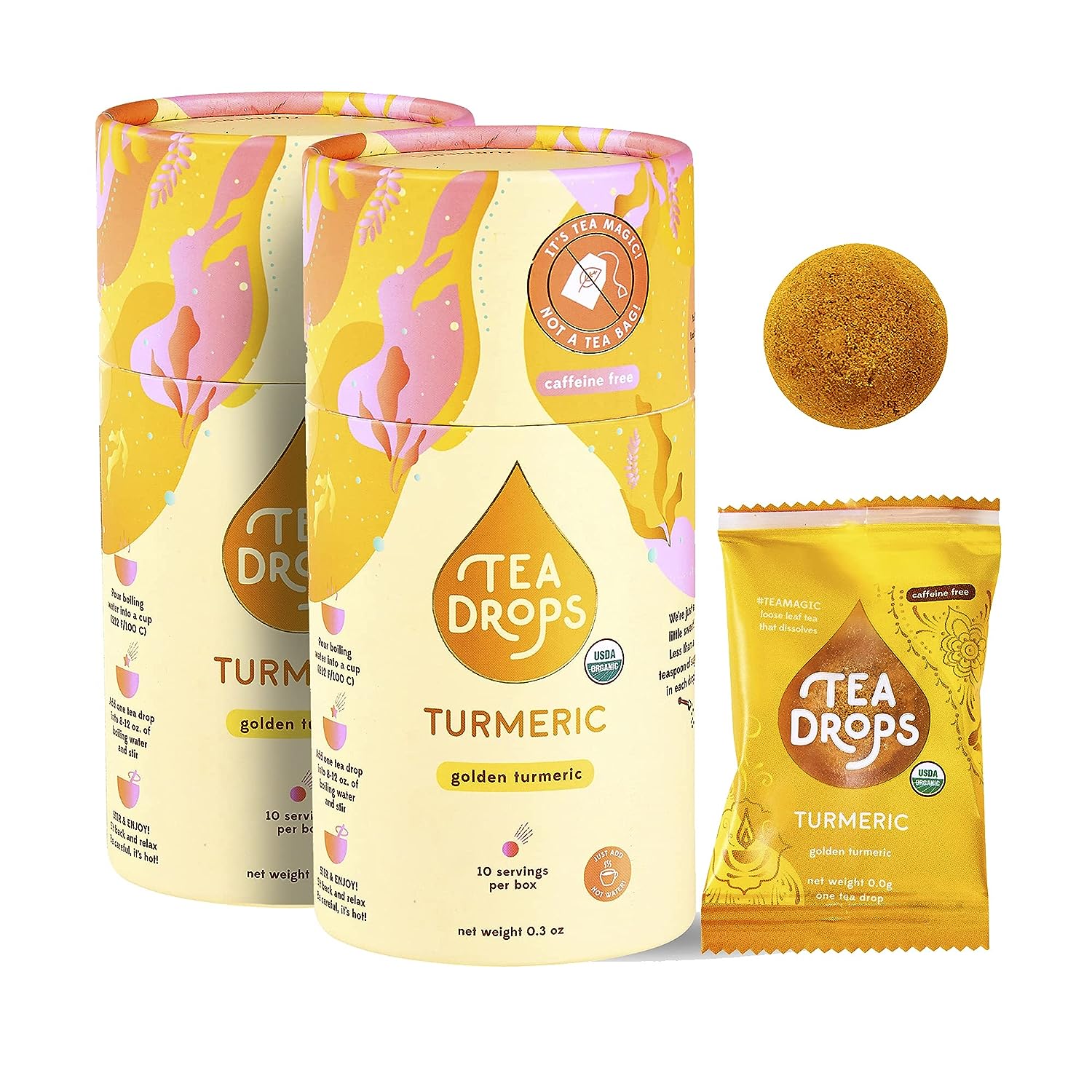 Tea Drops Lightly Sweetened Organic Tea Bulk Pack | Turmeric | Decaf Hot or Cold Bagless Pressed Herbal Tea Beverages Gift Set | Includes Organic Coconut Palm Sugar and Turmeric | 10 Tea Drops per Box