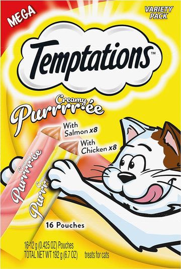 Temptations Creamy Puree with Chicken and Salmon Variety Pack of Lickable, Squeezable Cat Treats, 0.42 Oz Pouches, 16 Co