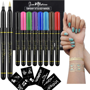 Jim&Gloria Body Art Tattoo Pen 10 Colors With Gold and Silver Fake Tattoos Brush Temporary Tattoo Kit Teen Girls Trendy Stuff for Birthday Friendsgiving Thanksgiving and Christmas gift ideas