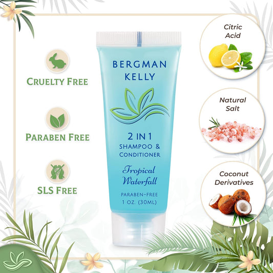 BERGMAN KELLY Round Soap Bars, 2in1 Shampoo & Conditioner 2-Piece Set (Tropical Waterfall, 1  each, 100 pc), Delight Your Guests with Revitalizing & Refreshing Sanitary Toiletries & Hotel Amenities