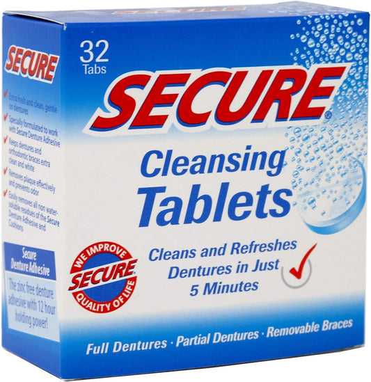 Secure Cleansing Tablets Zinc Free PH Formula Removes Odors, Stains, Bacteria, Germs - Clean Dentures, Partials & Removable Braces - 32 Tablets (Pack of 3)