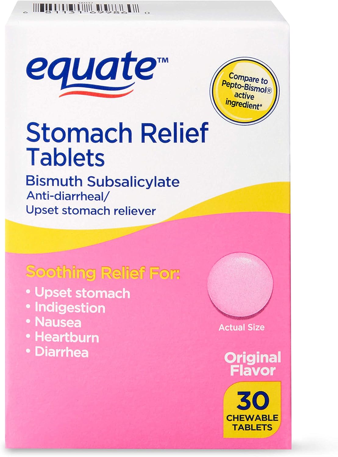 Equate - Stomach Relief, Pink Bismuth Subsalicylate, 30 Chewable Table1.45 Ounces