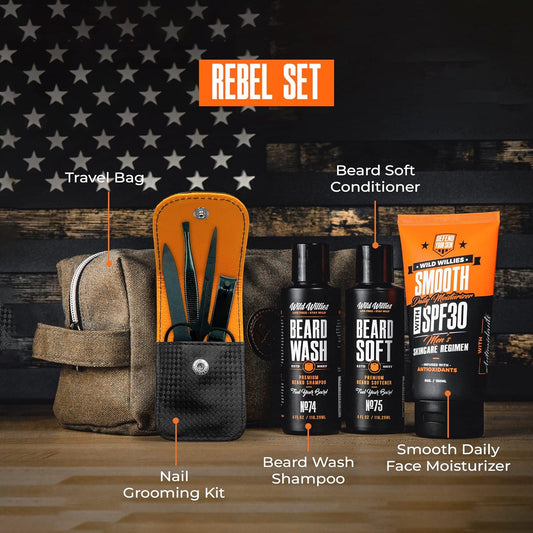 7-Piece Beard Shampoo & Conditioner Set - The Rebel Gift Set by Wild Willies - Includes Smooth SPF 30 Daily Facial Moisturizer, Nail Grooming Kit & Travel Bag