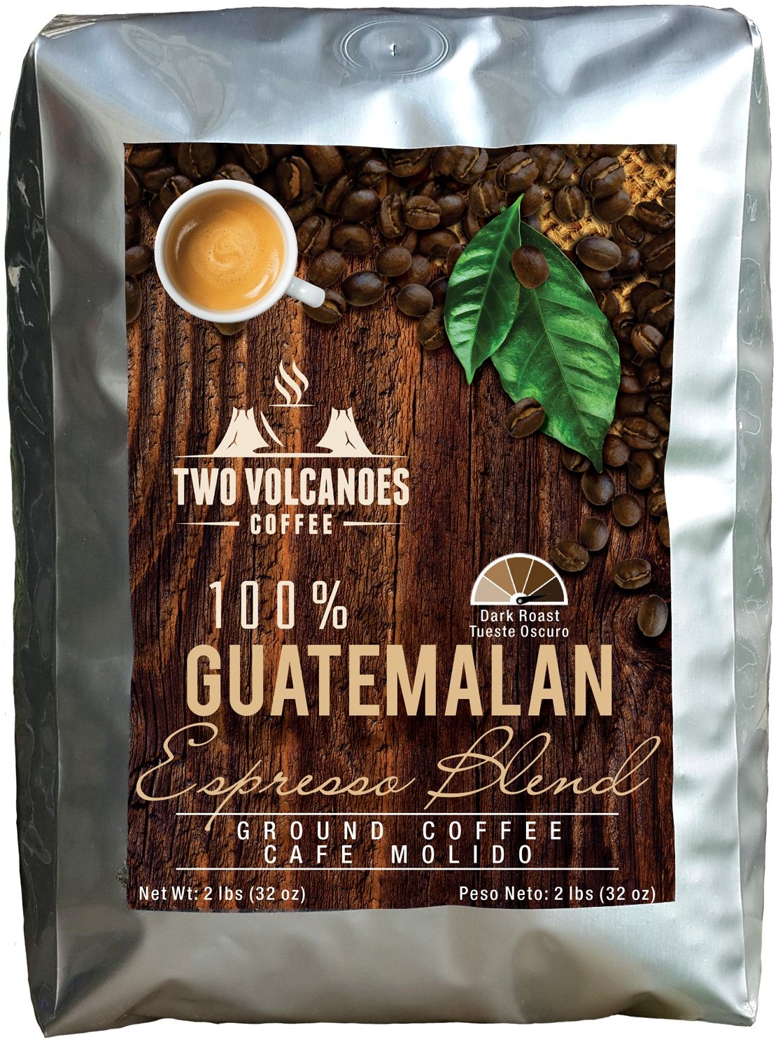 Two Volcanoes Ground Coffee - Dark Roast Espresso Blend - bag - Guatemala Delicious Gourmet Coffee. Great for French Press. Get The Kick, Enjoy The Smoothness!