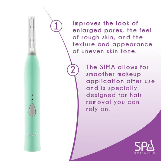 SPA SCIENCES - SIMA Dermaplaning Tool - Patented Painless 2 in 1 Facial Exfoliation & Peach Fuzz-Hair Removal System w/ 7 Weeks Treatment Included - Anti-Aging – 3 Speeds - Rechargeable