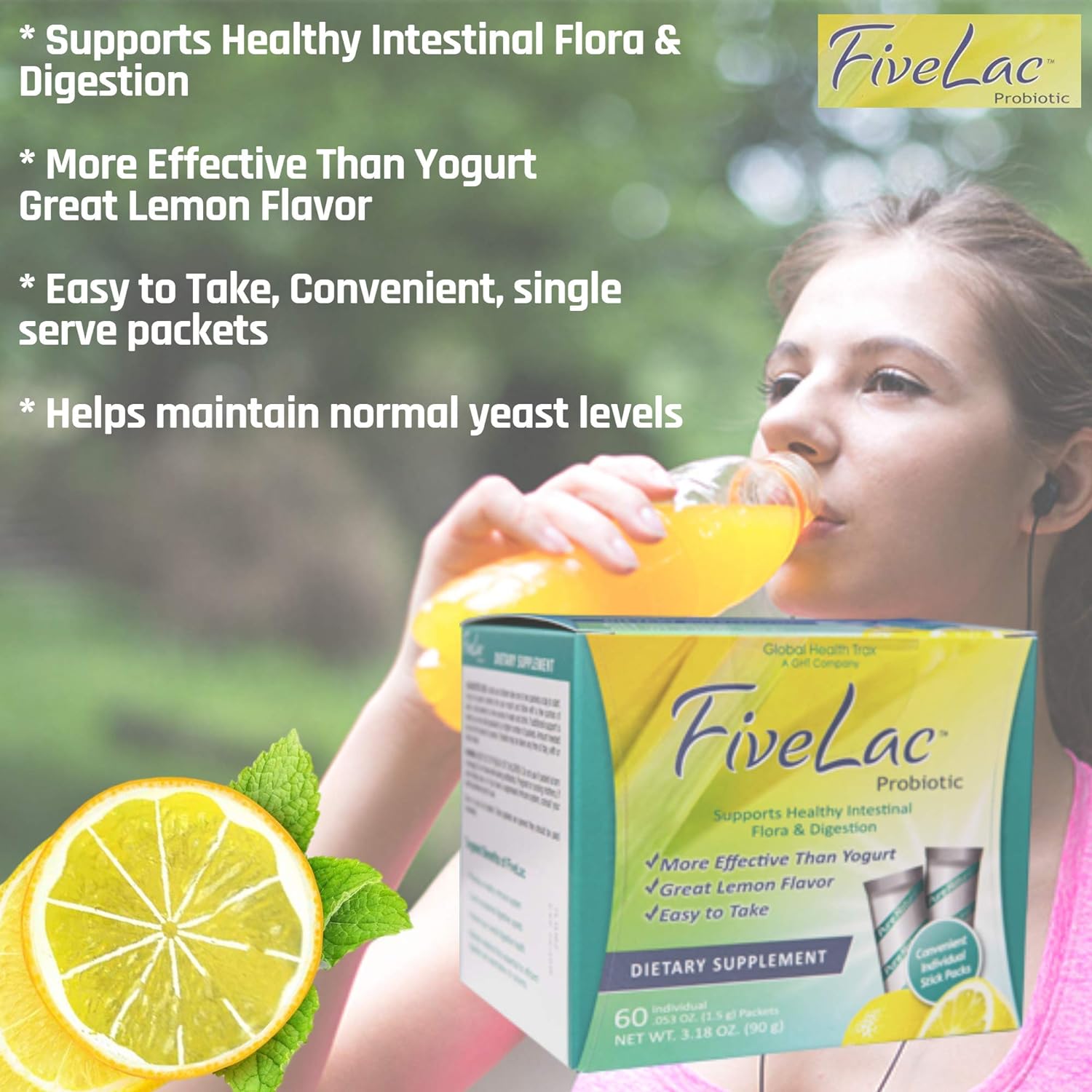 FiveLac Probiotic Lemon Flavor Dietary Supplement (4 Box) 60 Packets b