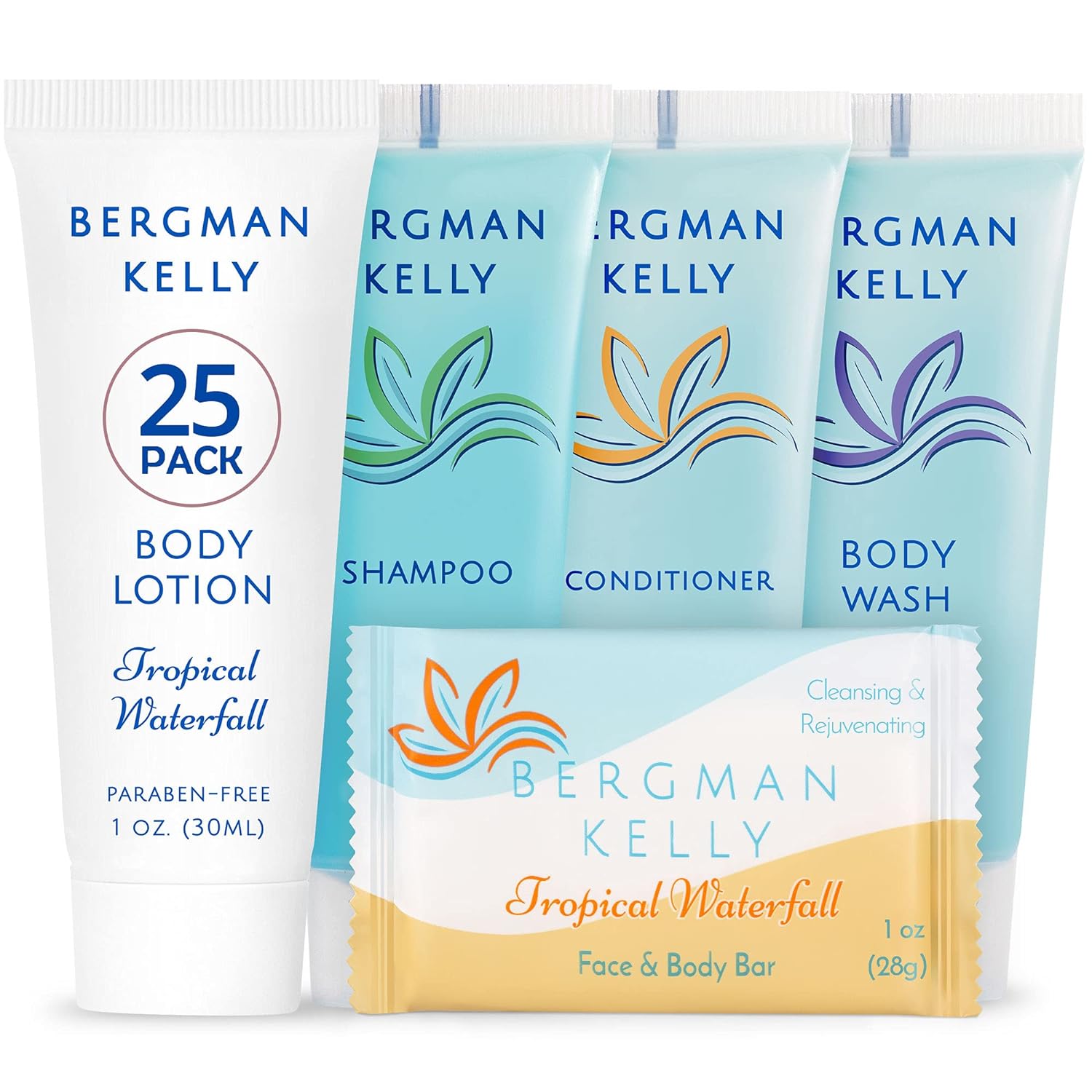 BERGMAN KELLY Hotel Toiletries Bundle (Tropical Waterfall, 1  each, 125 Pieces) 5-Piece Set: 25 ea Rectangular Bar Soap, Shampoo, Conditioner, Body Lotion & Body Wash; Bulk Mini Guest Amenities