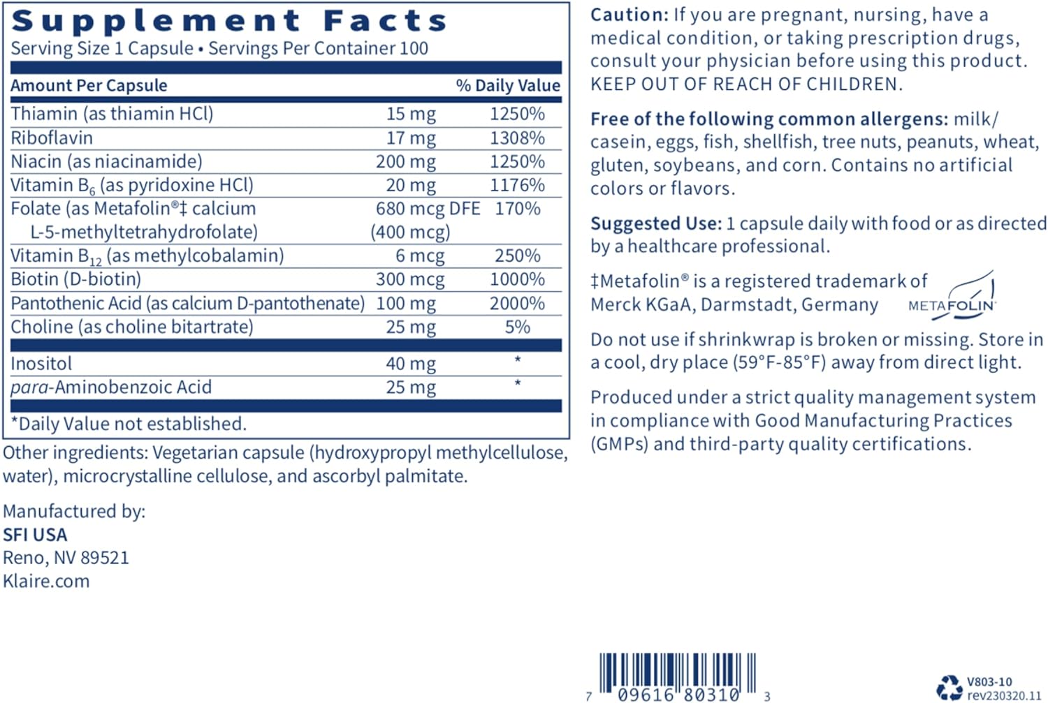 Klaire Labs B Complex Plus - High Potency B Vitamin Complex with B12 M
