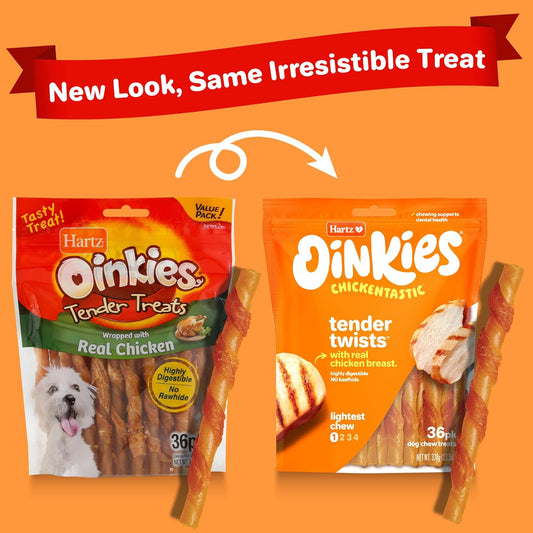 Hartz Oinkies Rawhide-Free Tender Treats Wrapped with Chicken Dog Treats Chews, 36 Count, Highly Digestible, No Artifici