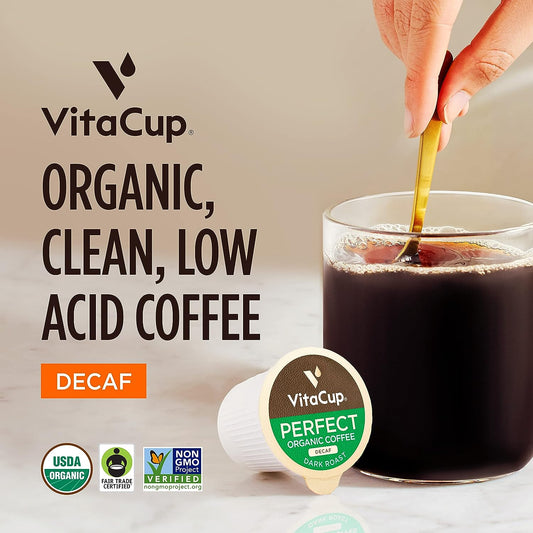 VitaCup Organic Perfect Dark Roast Decaf Coffee Pod for Pure & Clean Energy & Antioxidants from Low Acid, Guatemala Single Origin in Recyclable Single Serve Pod compatible w/Keurig K-Cup Brewers,16CT