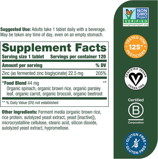 MegaFood Zinc - Immune Support Supplement - High Potency Fermented Zinc Supplements with Nourishing Food Blend - Vegan, Non-GMO, Gluten-Free, and Kosher - Made Without 9 Food Allergens - 120 Tabs