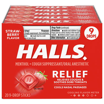 HALLS Relief Strawberry Cough Drops, 20 Sticks of 9 Drops (180 Total Drops)