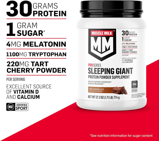 Muscle Milk Pro Series Sleeping Giant Protein Powder Supplement, Vanilla Caramel, 1.71 Pound, 18 Servings, 30g Protein, Overnight Muscle Recovery, 1g Sugar, Melatonin, Tryptophan, Packaging May Vary