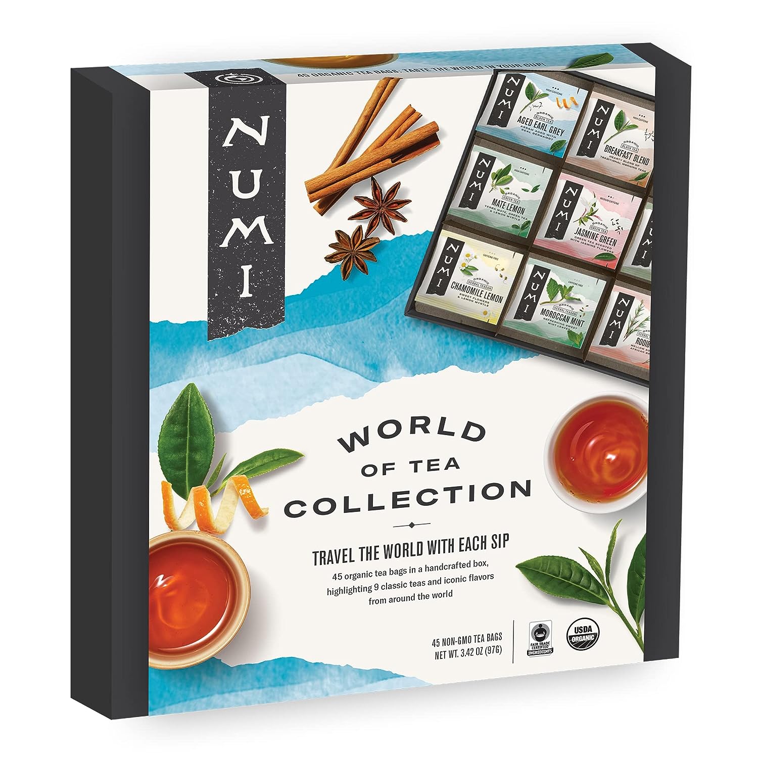 Numi Organic Tea World of Tea Gift Set, Black, Green, Mate, Rooibos & Herbal Teas= 45 Count