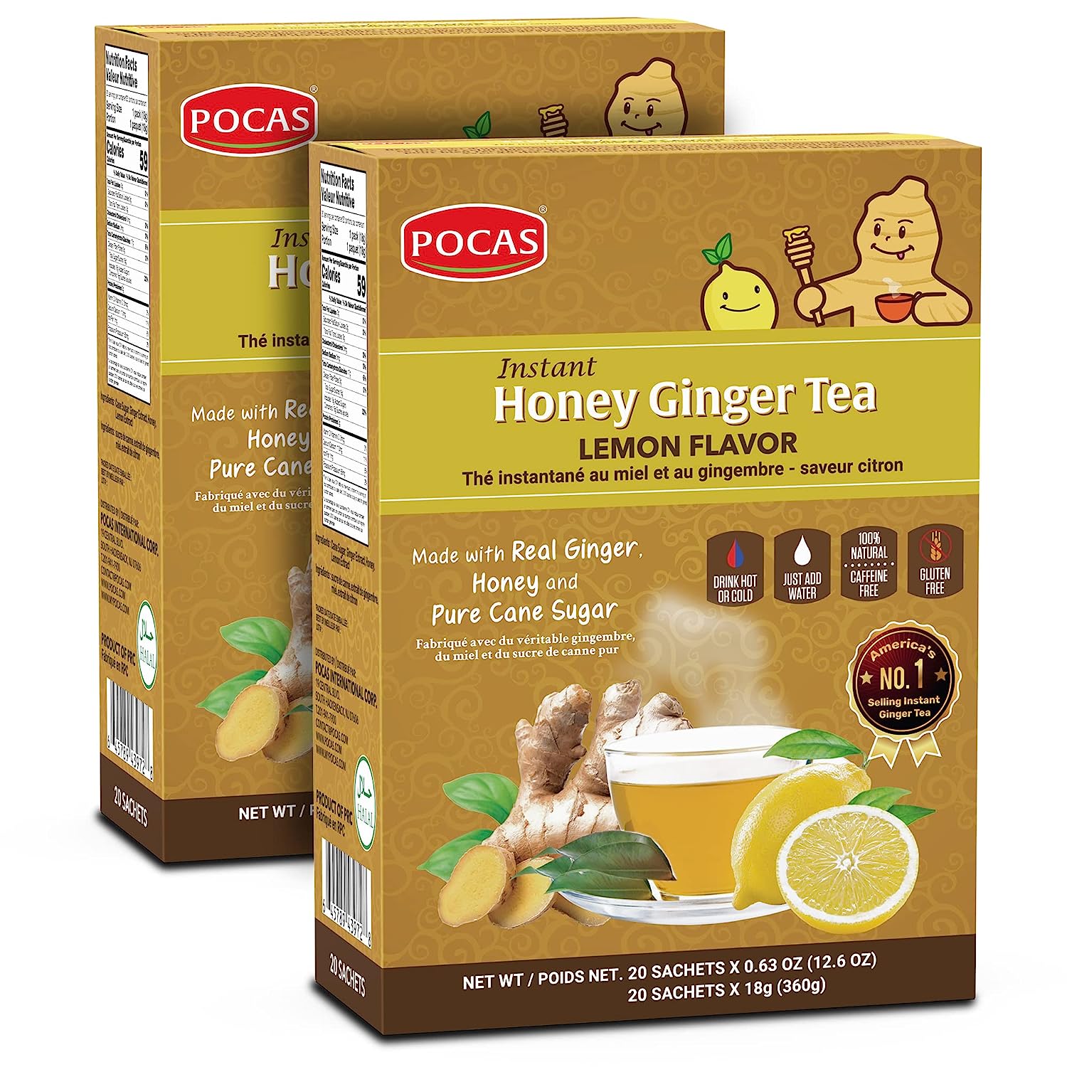 Pocas Honey Ginger Tea - Instant Tea Powder Packets with Lemon & Ginger Honey Crystals Tea, Non-GMO/Gluten Free/Caffeine Free Tea, 20 Count (Pack of 2)